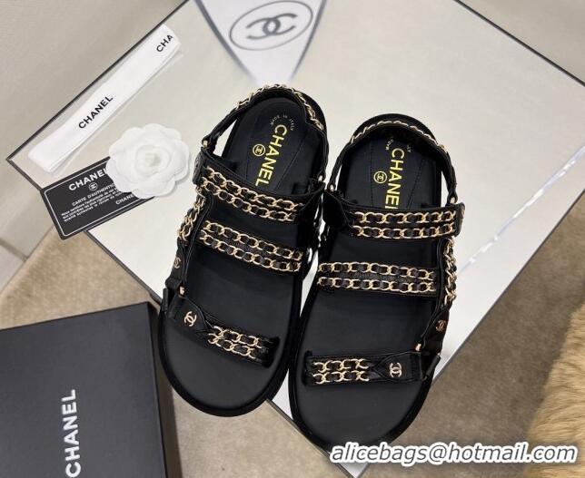 Best Grade Chanel Leather Chain Sandals G33800 Black/Gold