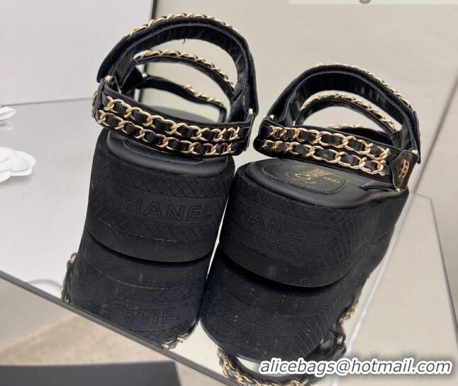 Best Grade Chanel Leather Chain Sandals G33800 Black/Gold