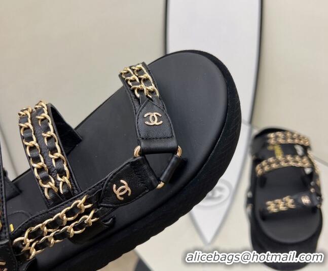 Best Grade Chanel Leather Chain Sandals G33800 Black/Gold