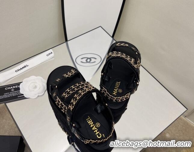 Best Grade Chanel Leather Chain Sandals G33800 Black/Gold