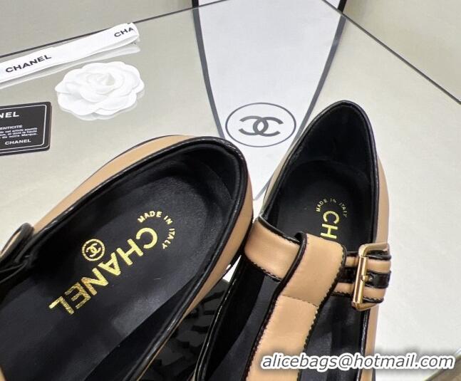 Charming Chanel Calfskin Loafers with Buckle 030438 Apricot