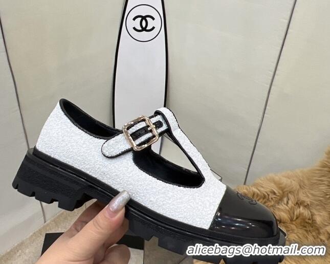 Fashion Chanel Sequins Loafers with Buckle 030442 White