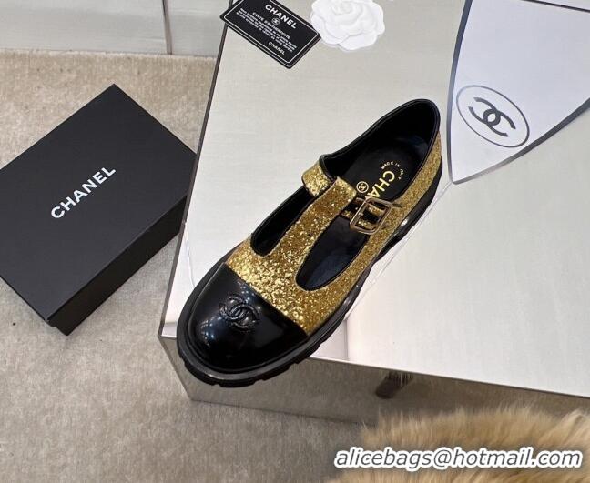 Low Price Chanel Sequins Loafers with Buckle 030442 Gold