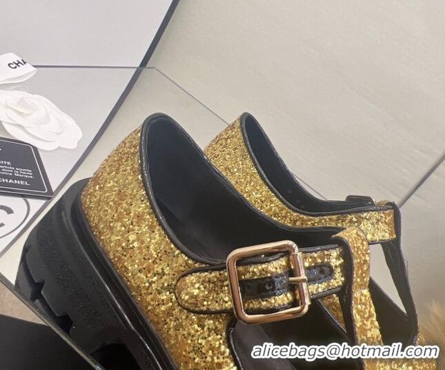 Low Price Chanel Sequins Loafers with Buckle 030442 Gold