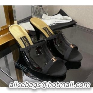 Popular Style Chanel Patent High Heel Slide Sandals 8cm 030444 Black