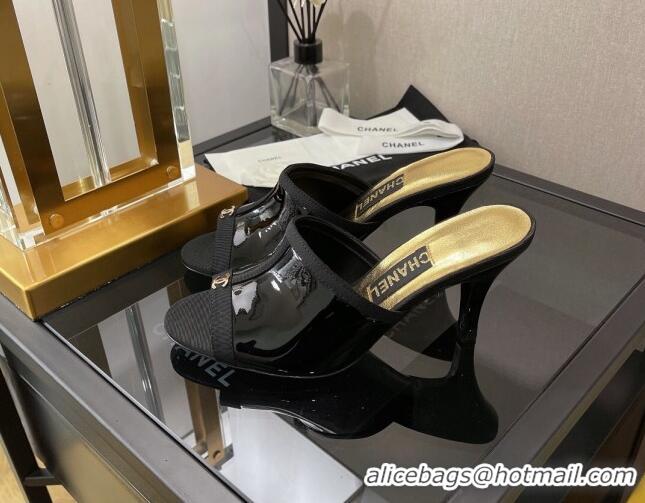 Popular Style Chanel Patent High Heel Slide Sandals 8cm 030444 Black