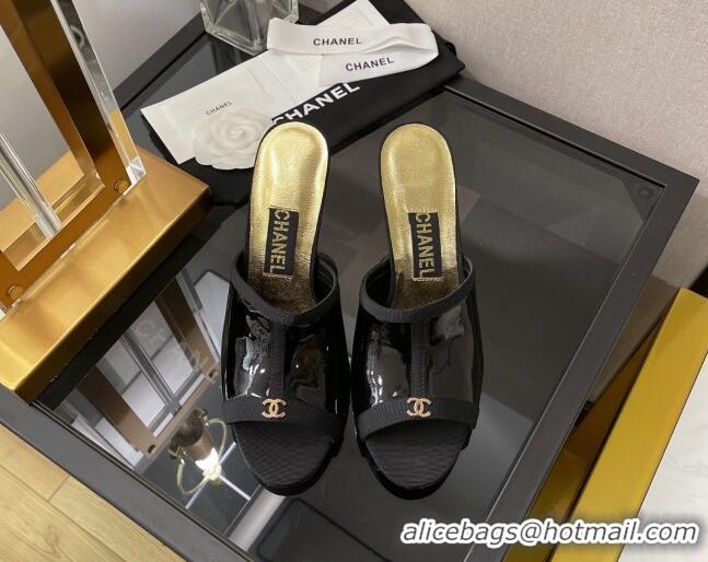 Popular Style Chanel Patent High Heel Slide Sandals 8cm 030444 Black