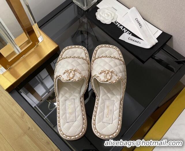 Discount Chanel Lambskin Chain Flat Slide Sandals White 030448