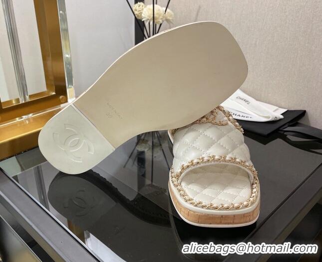 Discount Chanel Lambskin Chain Flat Slide Sandals White 030448