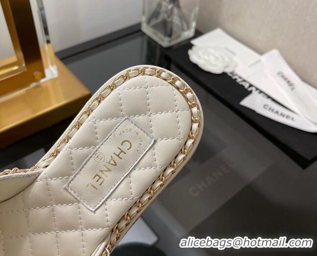 Discount Chanel Lambskin Chain Flat Slide Sandals White 030448