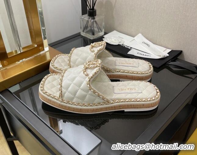 Discount Chanel Lambskin Chain Flat Slide Sandals White 030448