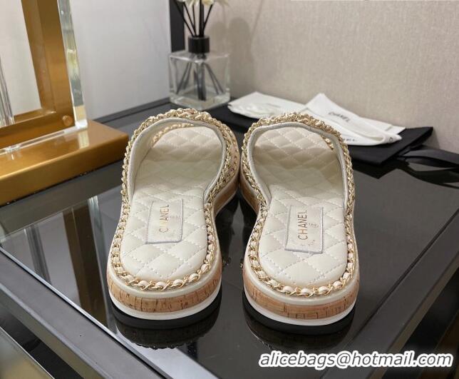 Discount Chanel Lambskin Chain Flat Slide Sandals White 030448