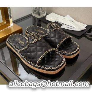 Well Crafted Chanel Lambskin Chain Flat Slide Sandals 030448 Black