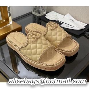 Good Quality Chanel Lambskin Chain Flat Slide Sandals 030448 Apricot