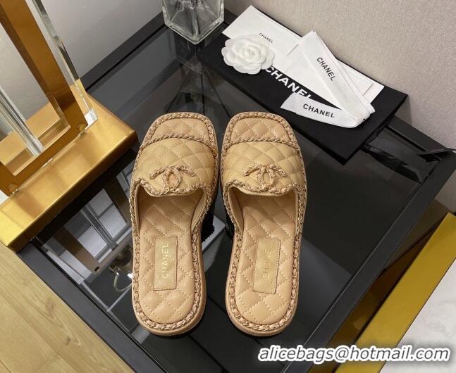 Good Quality Chanel Lambskin Chain Flat Slide Sandals 030448 Apricot