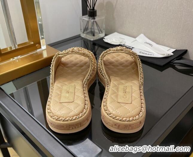 Good Quality Chanel Lambskin Chain Flat Slide Sandals 030448 Apricot