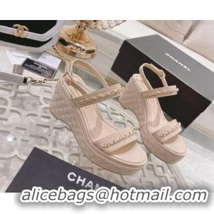 Super Quality Chanel Patent Leather Wedge Sandals with Chain 030451 Nude Pink