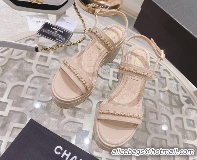 Super Quality Chanel Patent Leather Wedge Sandals with Chain 030451 Nude Pink