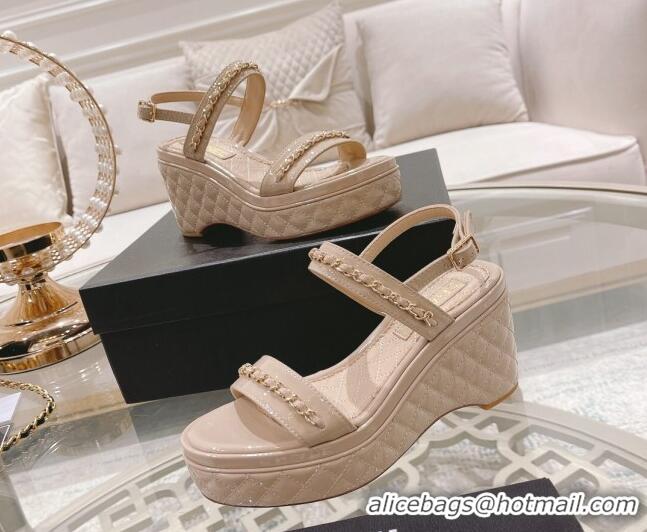 Super Quality Chanel Patent Leather Wedge Sandals with Chain 030451 Nude Pink