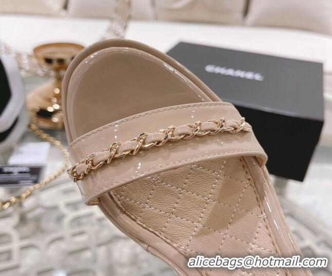 Super Quality Chanel Patent Leather Wedge Sandals with Chain 030451 Nude Pink