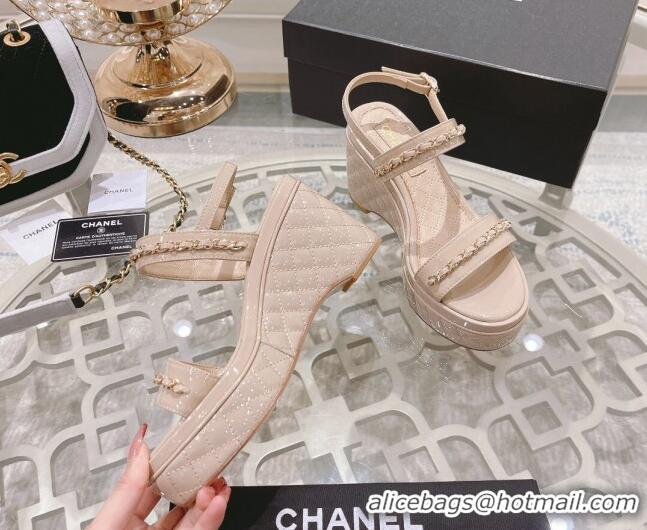 Super Quality Chanel Patent Leather Wedge Sandals with Chain 030451 Nude Pink