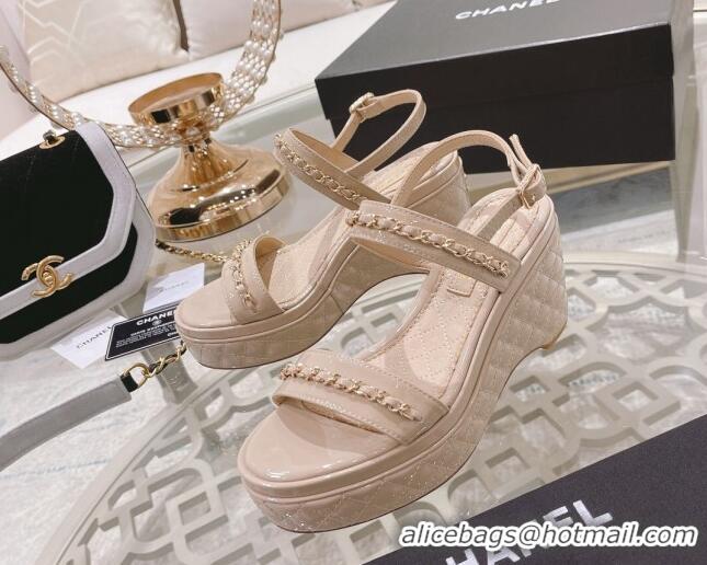 Super Quality Chanel Patent Leather Wedge Sandals with Chain 030451 Nude Pink