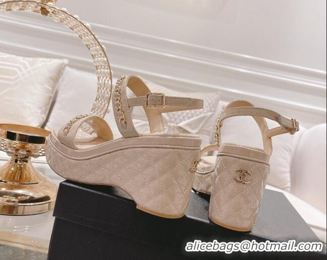 Super Quality Chanel Patent Leather Wedge Sandals with Chain 030451 Nude Pink