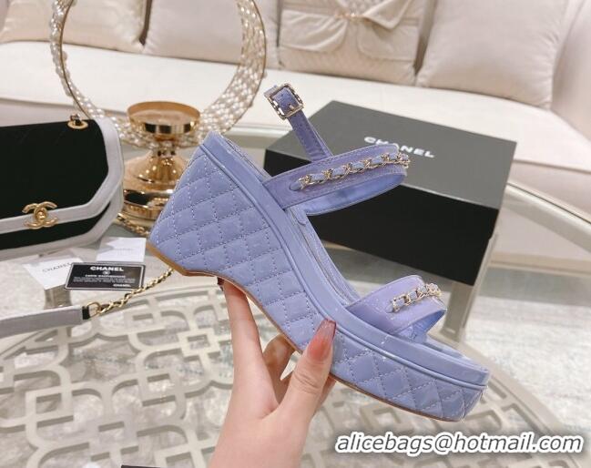 Promotional Chanel Patent Leather Wedge Sandals with Chain 030451 Purple