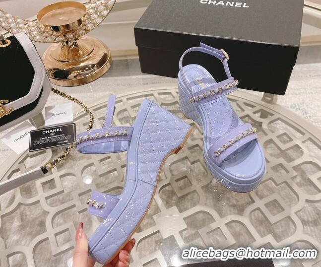 Promotional Chanel Patent Leather Wedge Sandals with Chain 030451 Purple