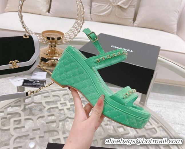 Discount Chanel Patent Leather Wedge Sandals with Chain 030451 Green