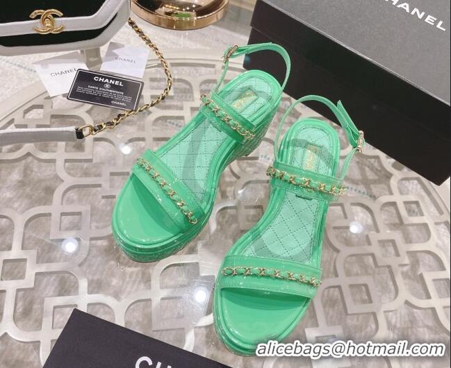 Discount Chanel Patent Leather Wedge Sandals with Chain 030451 Green