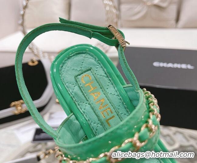 Discount Chanel Patent Leather Wedge Sandals with Chain 030451 Green