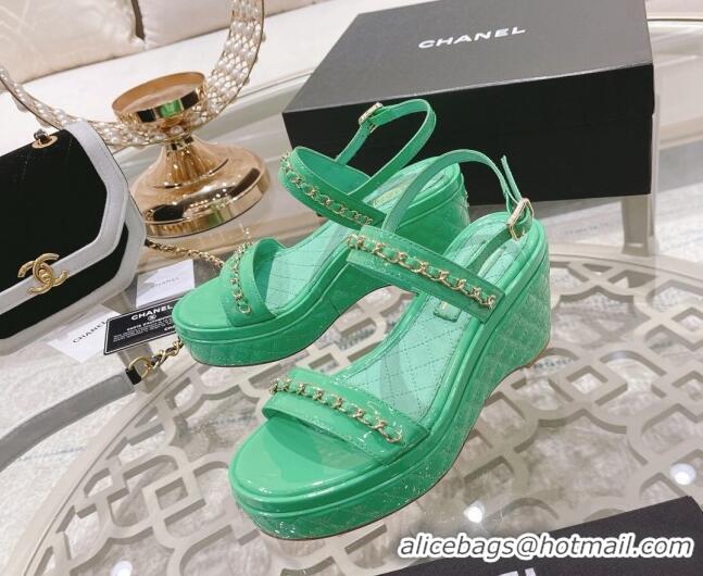 Discount Chanel Patent Leather Wedge Sandals with Chain 030451 Green