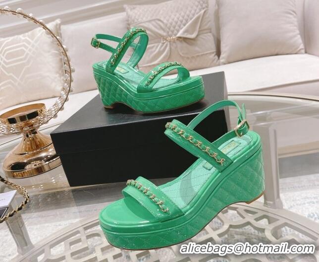 Discount Chanel Patent Leather Wedge Sandals with Chain 030451 Green