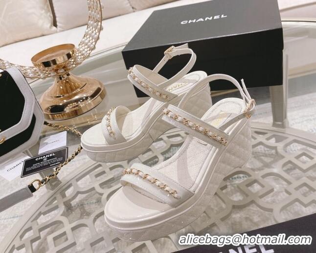 Reasonable Price Chanel Patent Leather Wedge Sandals with Chain 030451 White