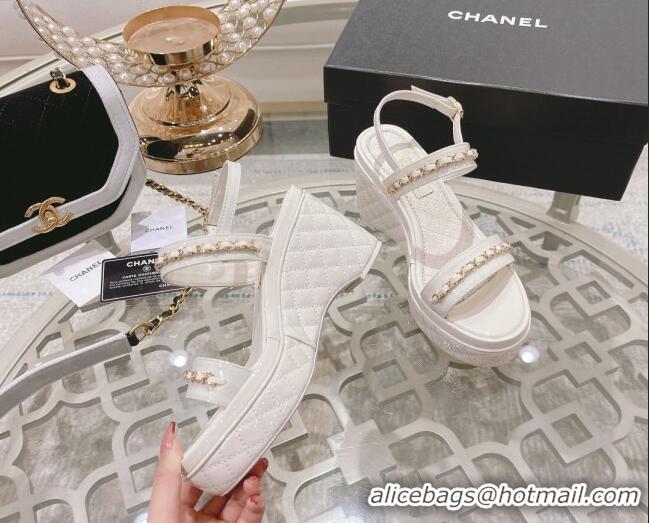 Reasonable Price Chanel Patent Leather Wedge Sandals with Chain 030451 White