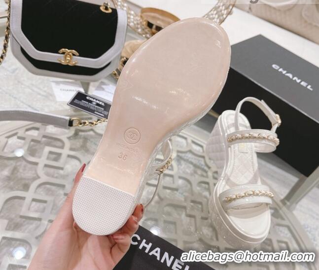 Reasonable Price Chanel Patent Leather Wedge Sandals with Chain 030451 White