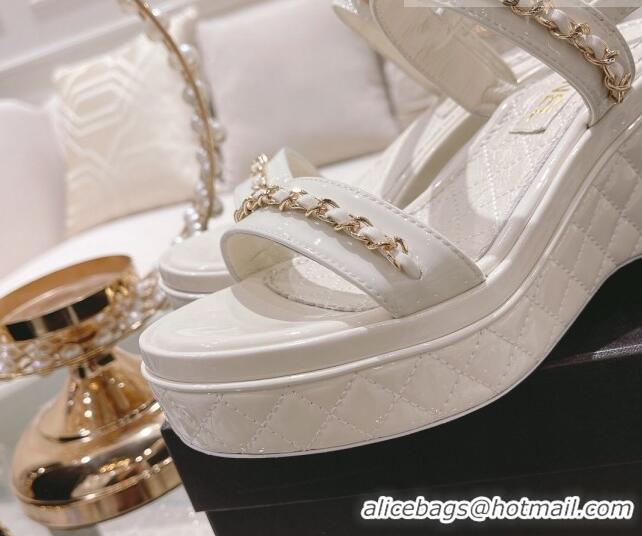 Reasonable Price Chanel Patent Leather Wedge Sandals with Chain 030451 White