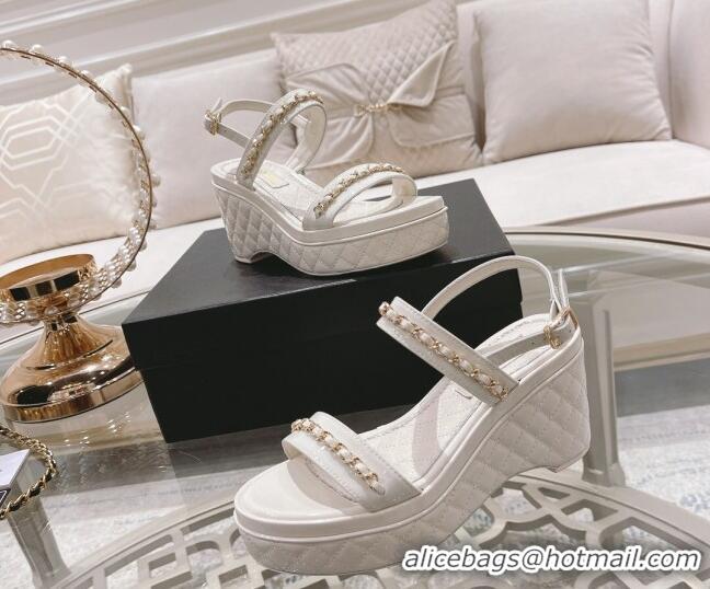 Reasonable Price Chanel Patent Leather Wedge Sandals with Chain 030451 White