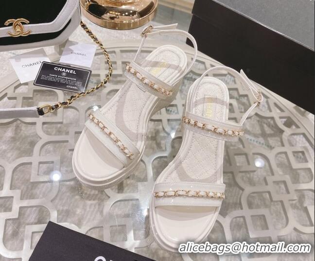 Reasonable Price Chanel Patent Leather Wedge Sandals with Chain 030451 White