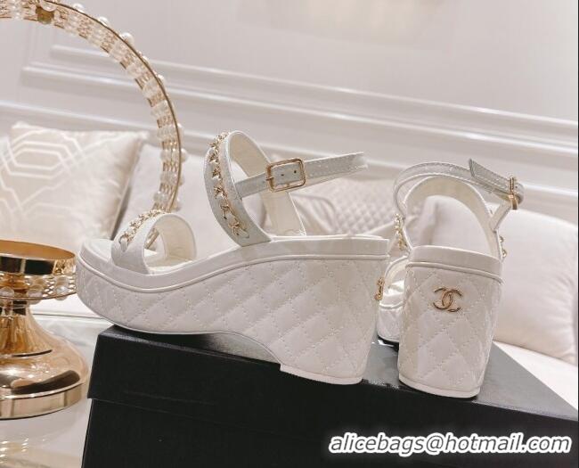 Reasonable Price Chanel Patent Leather Wedge Sandals with Chain 030451 White