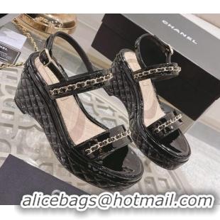 Grade Chanel Patent Leather Wedge Sandals with Chain 030451 Black