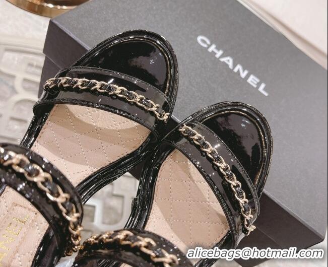 Grade Chanel Patent Leather Wedge Sandals with Chain 030451 Black