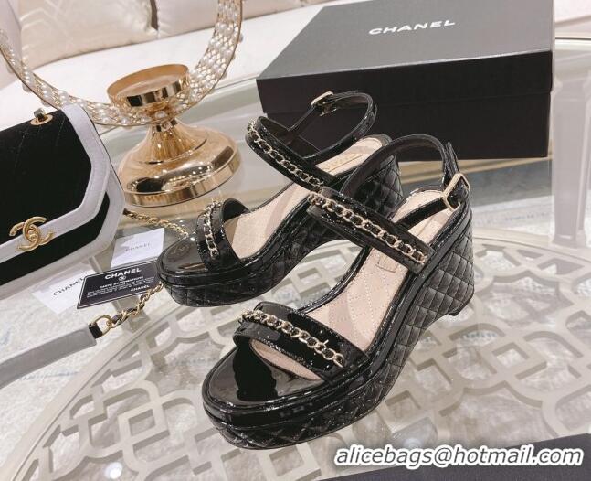 Grade Chanel Patent Leather Wedge Sandals with Chain 030451 Black