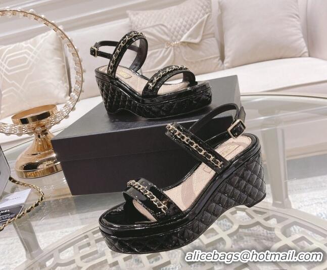 Grade Chanel Patent Leather Wedge Sandals with Chain 030451 Black