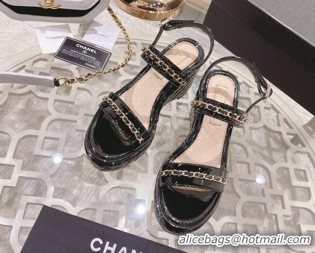 Grade Chanel Patent Leather Wedge Sandals with Chain 030451 Black