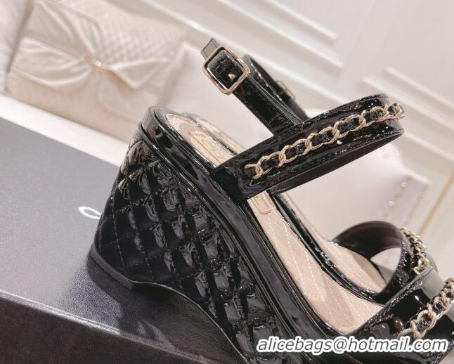 Grade Chanel Patent Leather Wedge Sandals with Chain 030451 Black