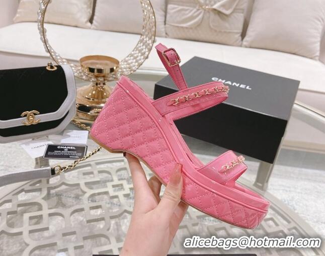 Affordable Price Chanel Patent Leather Wedge Sandals with Chain 030451 Light Pink