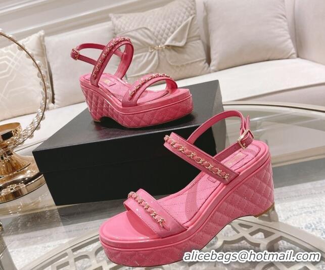 Affordable Price Chanel Patent Leather Wedge Sandals with Chain 030451 Light Pink