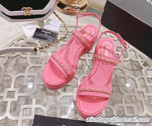 Affordable Price Chanel Patent Leather Wedge Sandals with Chain 030451 Light Pink